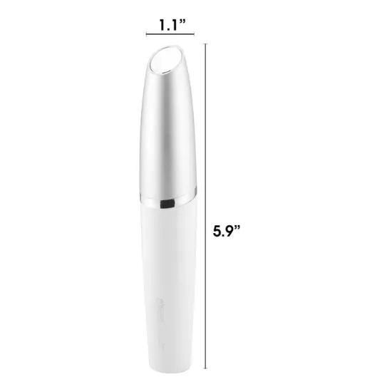 صورة توضح أبعاد وحجم ماكينة إزالة الشعر الكهربائية DSP 70570، حيث يبلغ طولها 5.9 بوصة وعرضها 1.1 بوصة، مما يبرز تصميمها المحمول والمدمج.